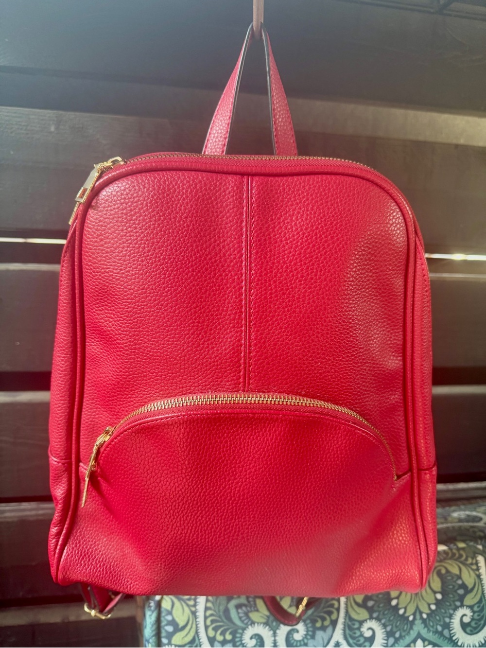 Pebbled Red Women's Leather (?) Backpack with Gold Hardware
